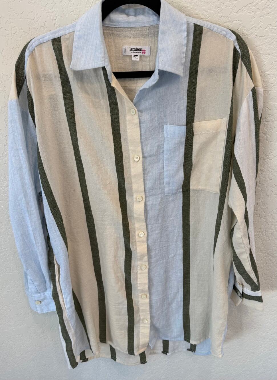 Lemlem By Liya Kebede Shirt Blue Green Stripe Oversized Button Down